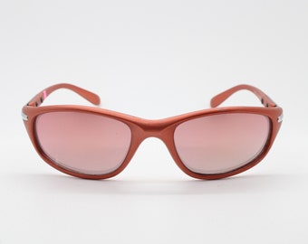 Y2k vintage wrap around shield sunglasses. Metallic matt coral pink sport visor with matching curved mirror lenses. Mask. 2000's NOS