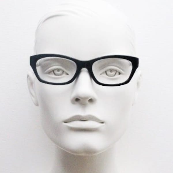 90s vintage solid frame glasses. Thickened black gloss oval slightly cat eye optical eyeglasses. Prescription RX Spectacles. NOS. Deadstock