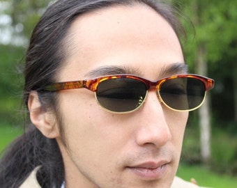 90s vintage low profile sunglasses. NOS tortoise half frame brow line 50s design. Rockabilly pin up