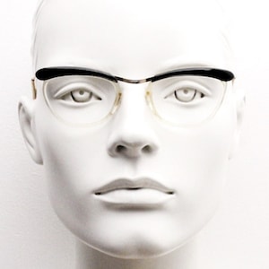 50s vintage subtle cat eye glasses. Womens metal brow line optical frame with brown and crystal acetate. Prescription RX cat eye spectacles