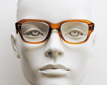 60s vintage rectangular glasses. Thick transparent honey brown acetate optical frames. Prescription eyeglasses. RX Spectacles. Unused NOS
