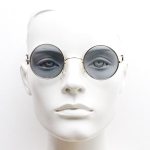 90s round vintage sunglasses. Medium size silver 60&#39;s design metal frame with grey lenses. BNWT. John Lennon. Unused NOS