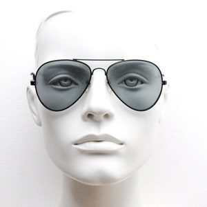 70s vintage aviator sunglasses. Plain all black metal teardrop frame with real glass lenses. Mens pilot aviators. Unused 1970s NOS