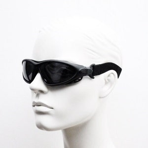 90s vintage goggle sunglasses. All black driving / flying wraparound with interchangeable arms or headband. NOS rave fashion grail. Biker