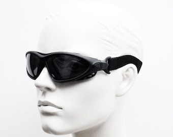 90s vintage goggle sunglasses. All black driving / flying wraparound with interchangeable arms or headband. NOS rave fashion grail. Biker