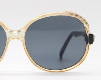 Ted Lapidus 70's vintage diamante sunglasses model 613. Women's yellow crystal rhinestone frame with contrasting black arms