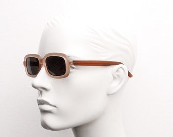 90s vintage rectangular sunglasses. NOS frosted transparent peach frame with brown arms and lenses. BNWT