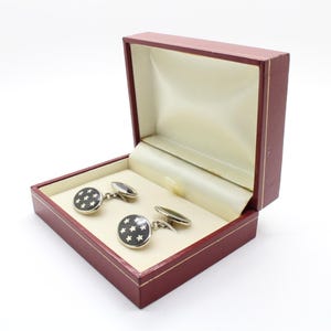 Duchamp vintage oval cuff links made in England. 1930s design in metal and black enamel with in silver stars. Wedding. BNWOT.