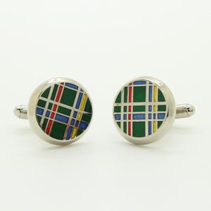 Burberry vintage round cuff links made in England. Solid metal construction with vivid green version of their heritage house check. NOS