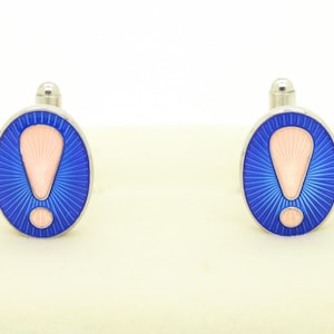 90s vintage oval big exclamation mark cuff links. Solid metal construction with blue and pink enamelled surface. NOS