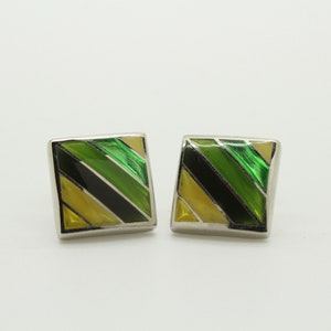 Thomas PInk vintage square cuff links made in England. Solid metal construction with  enamel stripes in green tones. NOS