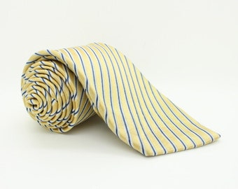 Ben Sherman of England all silk 90s vintage necktie. Lustrous golden yellow base with black and white diagonal stripes. Mens neck tie