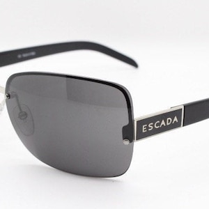 Escada Y2K vintage womens sunglasses model SES 506 made in Italy. Jet black chic half frame square design with big logo. 2000s NOS
