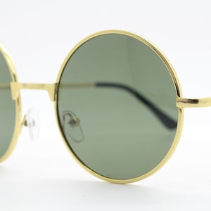 90s round vintage sunglasses. Medium size gold 60&#39;s design metal frame with green lenses. BNWT. John Lennon. Unused NOS
