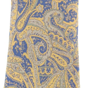 Könnte beinhalten: Eine blaue Krawatte mit gelbem und grauem Paisley-Muster. Die Krawatte hat ein sich wiederholendes Design aus gebogenen, tropfenförmigen Motiven und floralen Elementen. Der Hintergrund ist einfarbig blau.