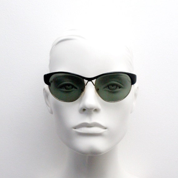 90s Vintage Cat Eye Sunglasses. Black Gloss Half Frame  display picture 2
