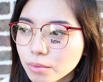 80s vintage round metal glasses by Tuffies. Metallic enamelled red brow line prescription eyeglasses. RX spectacles. Optical frames