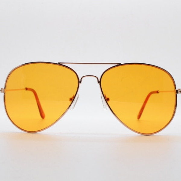 Y2K vintage aviator sunglasses. Blazing orange lenses in slim lightweight gold frame. 2000's rave. Mens aviators. 70s