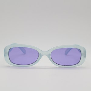 Kid&#39;s Y2K vintage sunglasses. Transparent frosted green frame with purple lenses. Childrens NOS. Rave 2000s