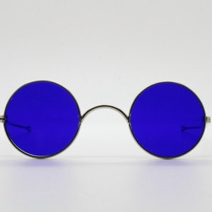 Victorian round welding sunglasses. Stainless steel metal frame tortoise with cobalt blue flat glass lenses and straight arms. Spectacles