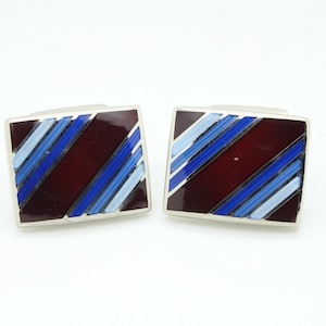 Vintage square cuff links made in England by Berend De Witt. Solid metal construction with enamel stripes in deep red and blue tones. NOS