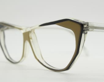 JP Michels 80s vintage cat eye glasses made in France. Abstract black and gold acetate cateye optical frames. Prescription eyeglasses. NOS