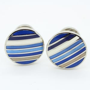 Vintage round striped cuff links made in England. Solid metal construction in blue, white and brown stripes with matching back. NOS