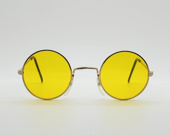 80's round vintage sunglasses. Small gold metal 1920's style micro frame with canary yellow lenses. BNWOT. John Lennon. Steampunk. NOS