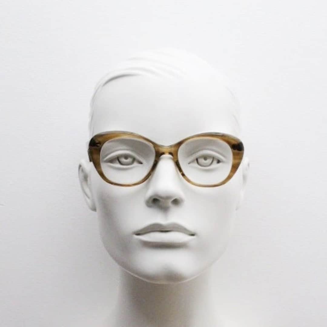 60s Vintage Round Cat Eye Glasses. Transparent Brown Optical Frame With
