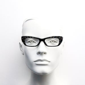 50s vintage diamante cat eye glasses by Traviata. Sophisticated sharp angled acetate cat eye optical frame. Womens rhinestone eyeglasses