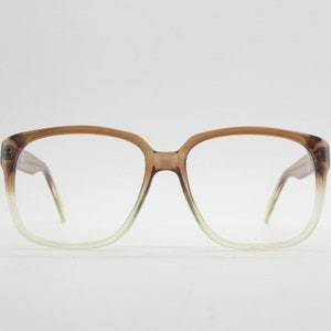 70s vintage square glasses in brown to crystal fade. Mens medium size optical frames in clean NOS condition. Prescription eyeglasses. RX