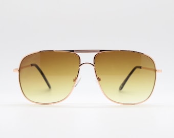 Gafas de sol de aviador cuadradas marrones estilo Y2K. Montura metálica de doble puente color oro rosa con lentes degradadas marrones. Años 70. Gafas de aviador para hombre. Nuevas, sin usar.