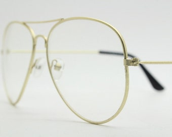 Y2k vintage aviator clear lens teardrop glasses. Yellow gold double bridge metal frame 70s design pilot aviators. NOS eyeglasses