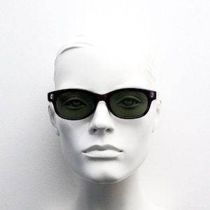 90s vintage slim sunglasses. Black gloss 60s beatnik design low profile modified New Wayfarer style. Unused NOS