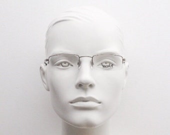 Hugo Boss 90s vintage low profile rectangular glasses model 24559881. Brown chrome half frame prescription eyeglasses. Optical RX Spectacles