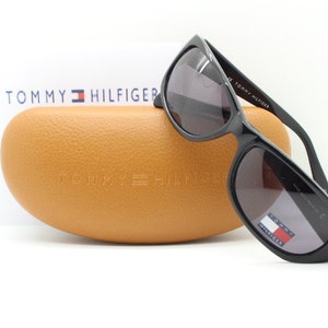 Tommy Hilfiger vintage Y2K black rectangular sunglasses. Curved 60's style acetate frame with rhinestone logo. BNWT. 2000s NOS. 90s