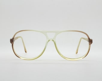 70er Jahre Vintage große eckige Fliegerbrille. Braune und transparente Kristall Acetat Brillenfassungen. Korrekte Brille. RX Brille