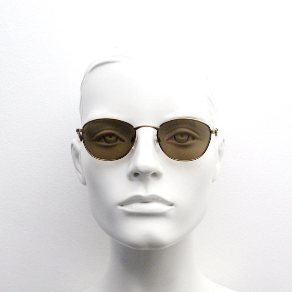 90s vintage oval sunglasses. Bronze brushed satin finish metal micro frame with brown lenses. BNWT. Unused NOS