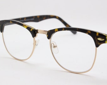 90s vintage half frame glasses. Tortoise and gold all time classic 40s style browline eyeglasses with clear lenses. NOS spectacles