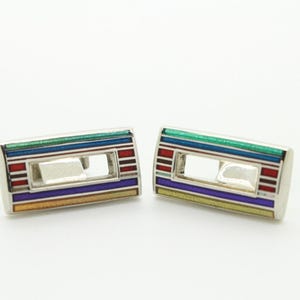 Thomas Pink vintage multi colour rectangular cuff links made in England. Steel construction with cut out centre and enamel stripes. NOS