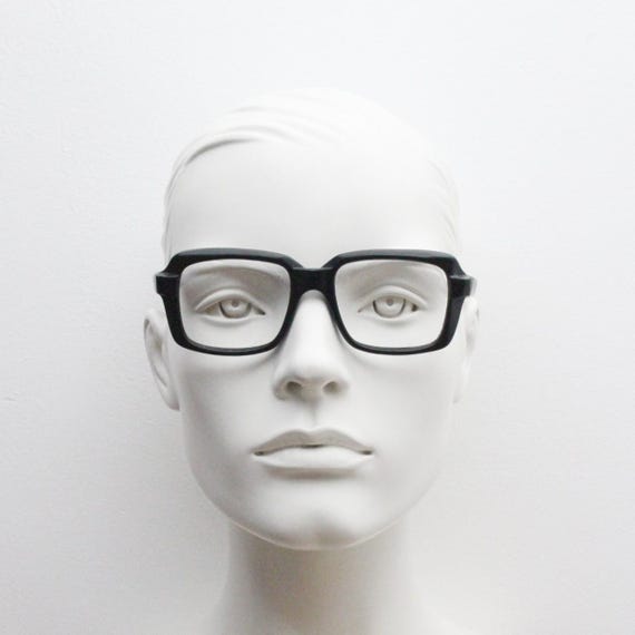 Vintage 60s square eye glasses. Authentic period black satin acetate optical frames. Prescription eyeglasses. Mens RX Spectacles