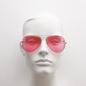 Y2K vintage aviator sunglasses. Bright pink lenses in slim lightweight silver frame. 2000&#39;s rave aviators. 70s