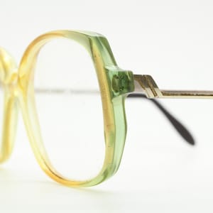 70s vintage angular square eye glasses. Yellow crystal and green ombre acetate optical frame. Small Womens Prescription RX spectacles