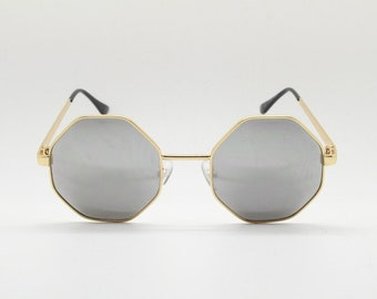 90s vintage octagon sunglasses. 8 sided 60s design with golden metal frame and silver mirror lenses. Hexagon. Unworn NOS