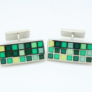 Vintage rectangular cuff links made in England by Berend De Witt. Solid metal construction with vibrant mosaic enamel in green tones. NOS