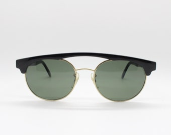 Linda Farrow vintage 80s sunglasses model 218. Dynamic black browline overbar design. Luxe Gallery Projects
