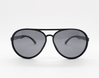 Vintage 80s round aviator sunglasses. Black matt frame mens aviators. Classic pilot teardrop. 70s. Unused NOS