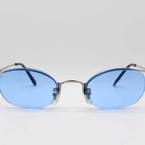 90s vintage  cat eye sunglasses. Women&#39;s oval cat eye metal browline half frame with sky blue lenses. BNWT. Unused 2000s NOS. Y2K