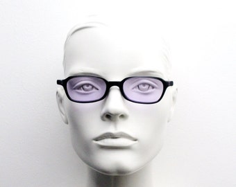 90s vintage rectangular sunglasses. Black slim condensed wayfarer cateye frame with purple lenses. 2000s cat eye. Y2K Unused NOS