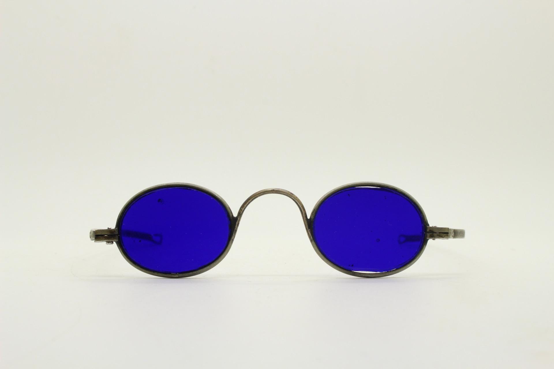 Victorian oval welding sunglasses. Grey steel metal frame with original cobalt blue flat glass lenses and straight arms. Spectacles. Goggles
